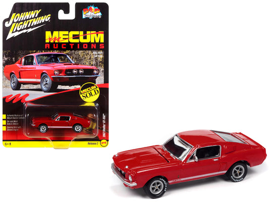 1967 Shelby GT-350 Red with White Side Stripes "Mecum Auctions" "Pop Culture" 2024 Release 2 1/64 Diecast Model Car by Johnny Lightning-DiecastModeler.com