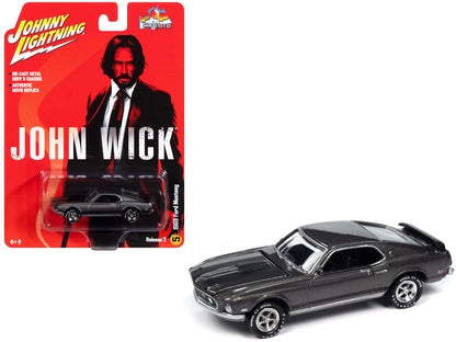 1969 Ford Mustang Mach I Gray Metallic with Black Stripes "John Wick" (2014) Movie "Pop Culture" 2024 Release 2 1/64 Diecast Model Car by Johnny Lightning