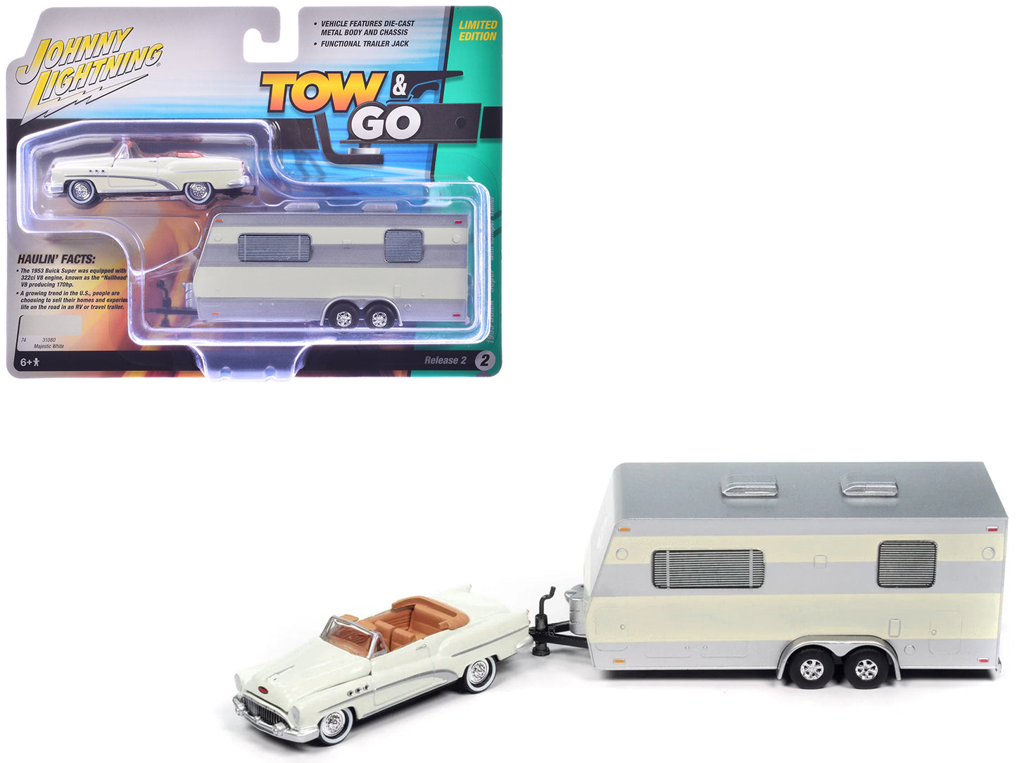 1953 Buick Super Cream with Travel Trailer Limited Edition "Tow & Go" Series 1/64 Diecast Model Car by Johnny Lightning-DiecastModeler.com
