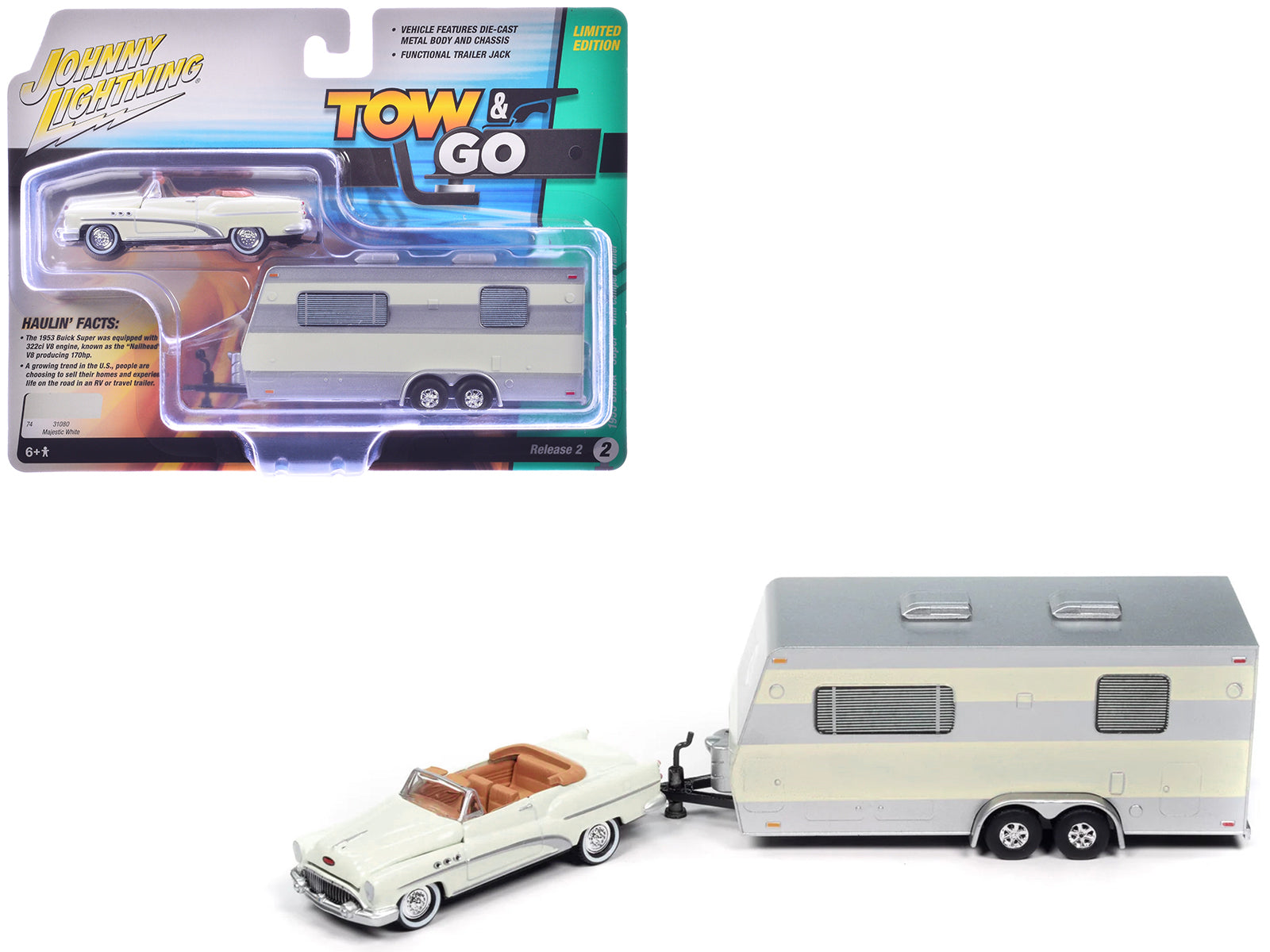 1953 Buick Super Cream with Travel Trailer Limited Edition "Tow & Go" Series 1/64 Diecast Model Car by Johnny Lightning-DiecastModeler.com
