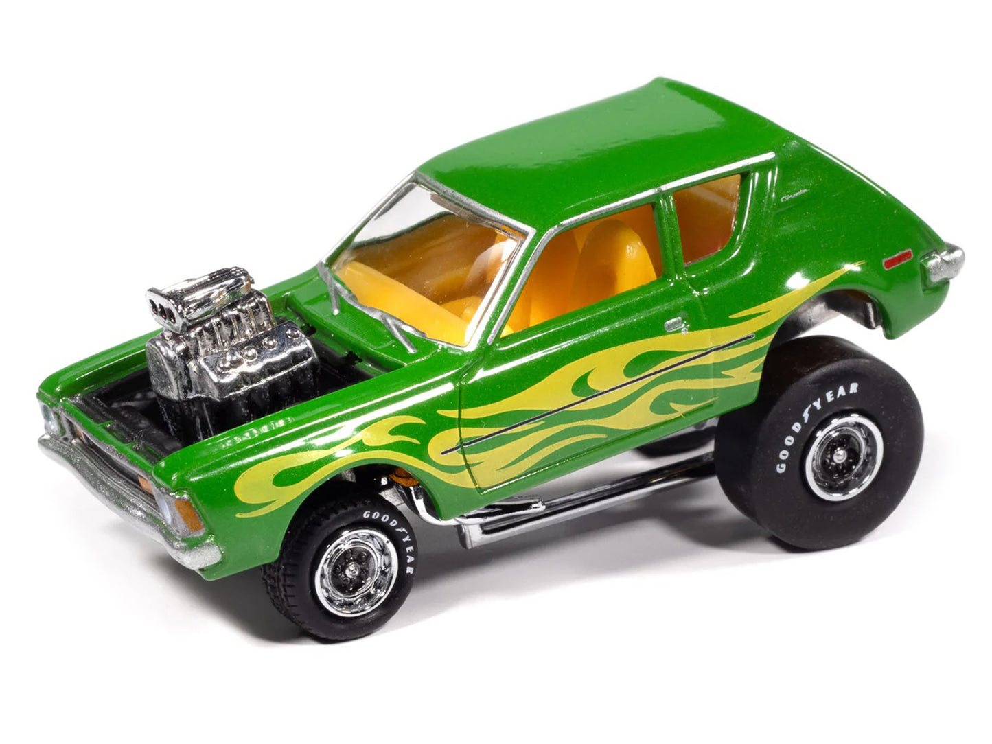 1971 AMC Gremlin Lime Green Metallic with Yellow Flames and Interior "Zingers!" Series 1/64 Diecast Model Car by Johnny Lightning