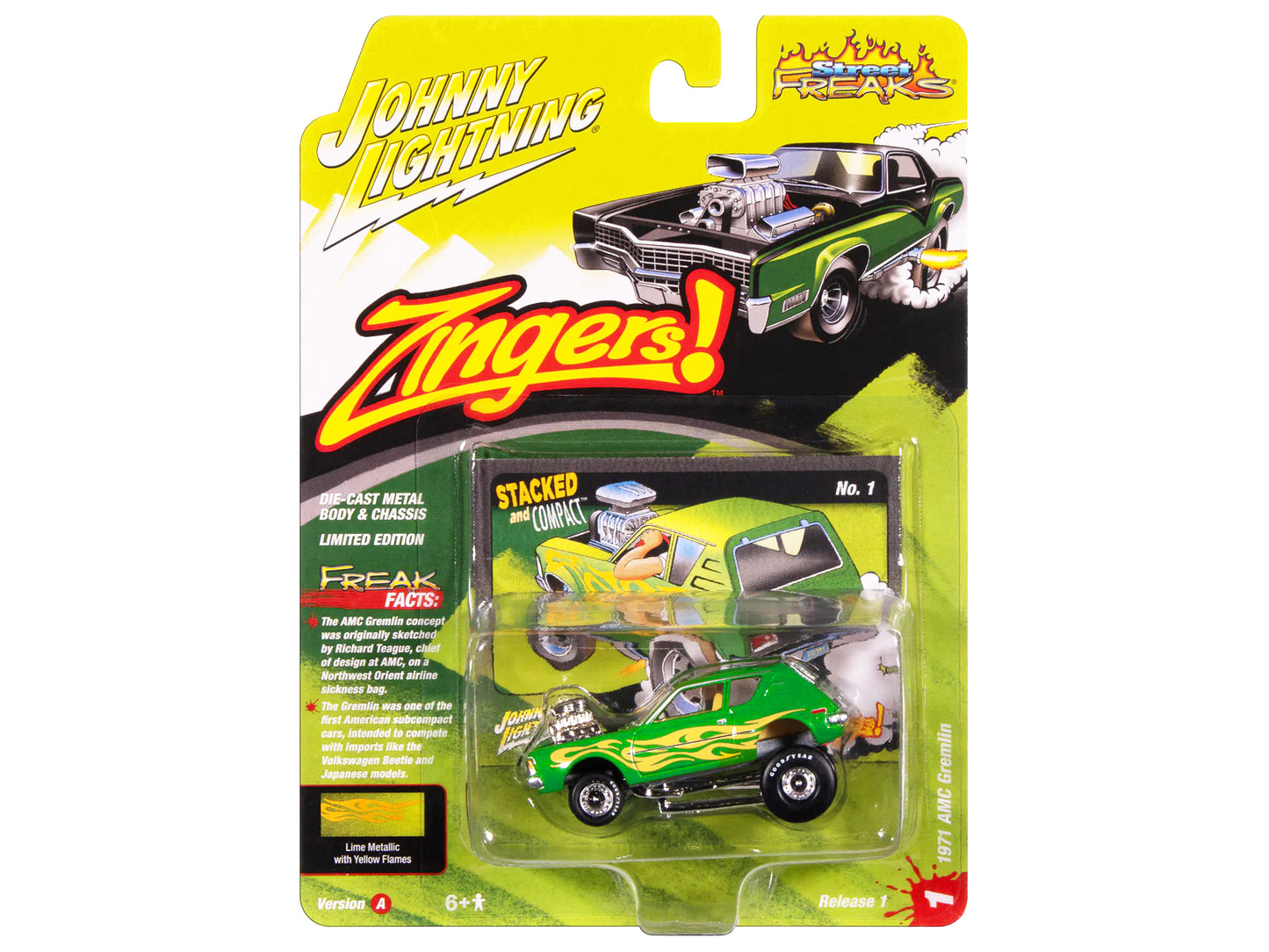 1971 AMC Gremlin Lime Green Metallic with Yellow Flames and Interior "Zingers!" Series 1/64 Diecast Model Car by Johnny Lightning