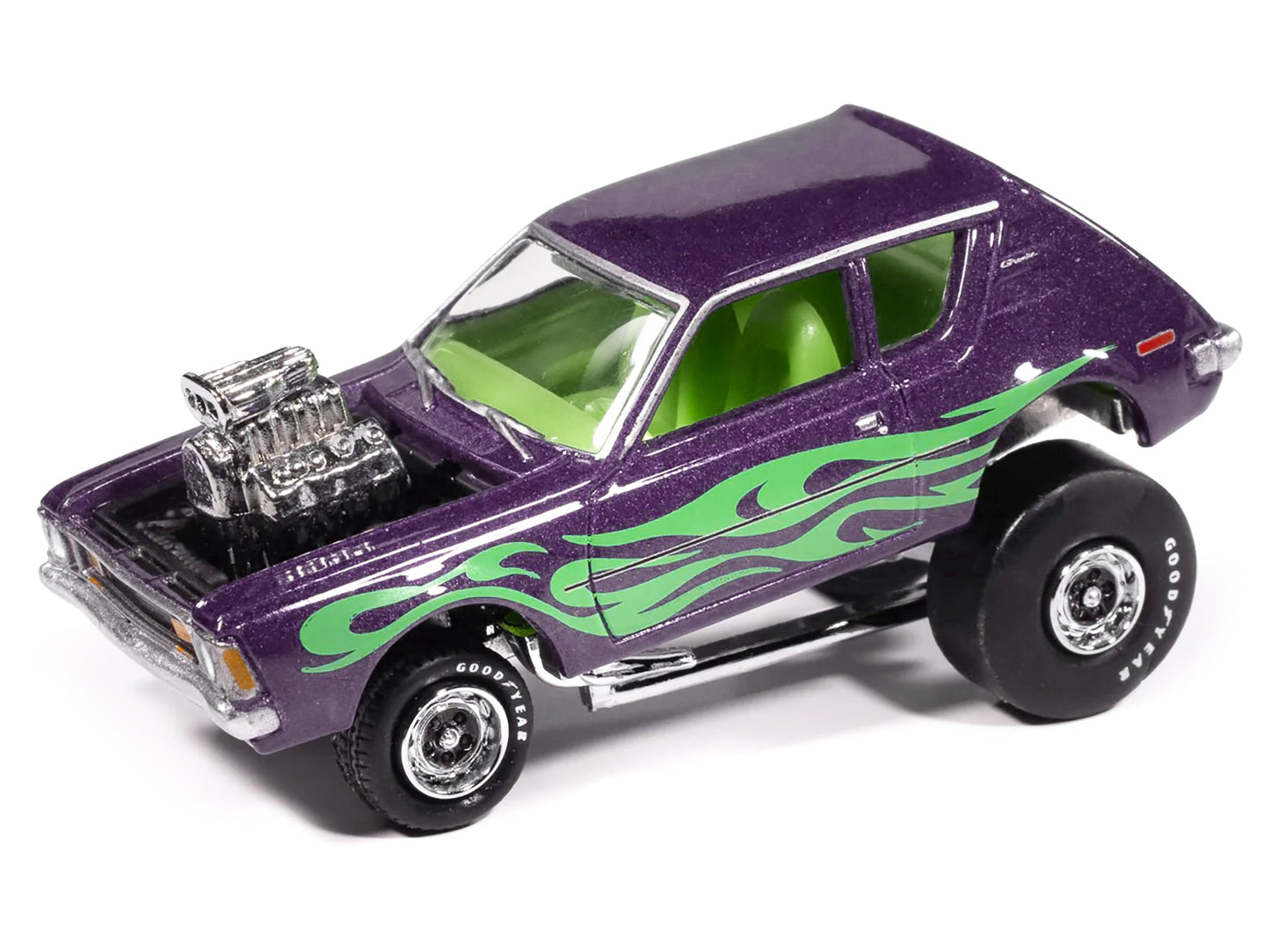 1971 AMC Gremlin Passion Purple Metallic with Green Flames and Interior "Zingers!" Series 1/64 Diecast Model Car by Johnny Lightning-DiecastModeler.com