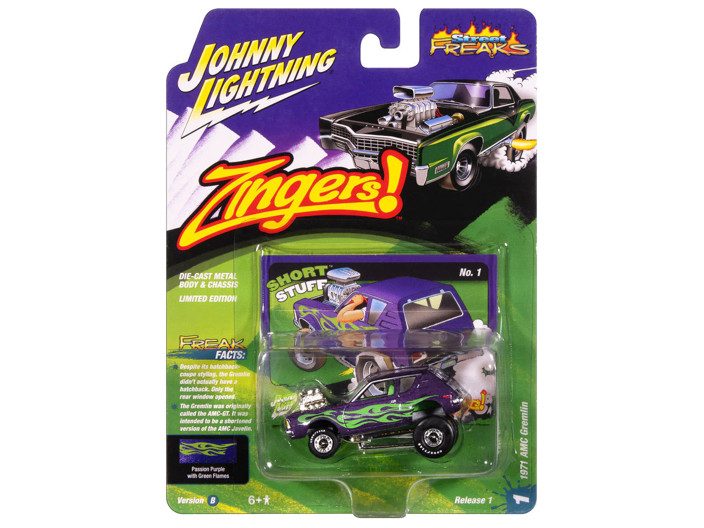 1971 AMC Gremlin Passion Purple Metallic with Green Flames and Interior "Zingers!" Series 1/64 Diecast Model Car by Johnny Lightning-DiecastModeler.com