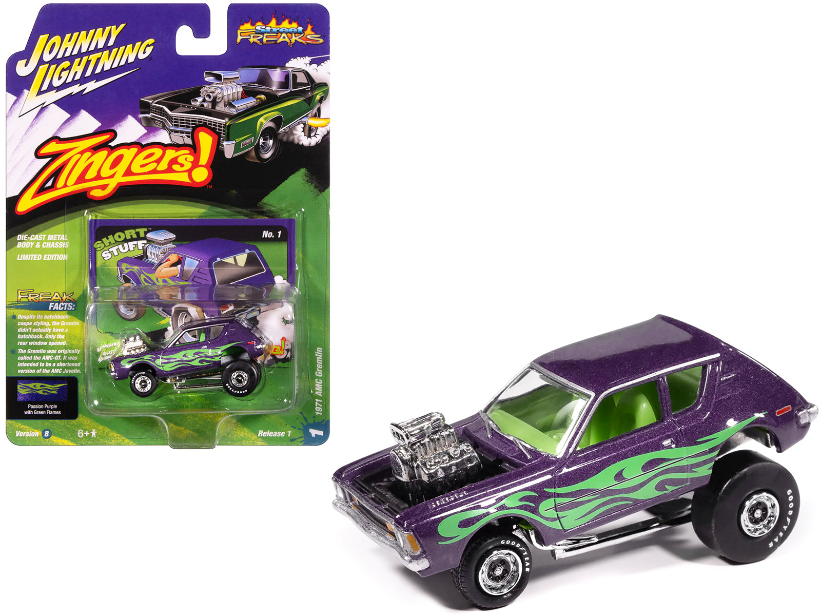 1971 AMC Gremlin Passion Purple Metallic with Green Flames and Interior "Zingers!" Series 1/64 Diecast Model Car by Johnny Lightning-DiecastModeler.com