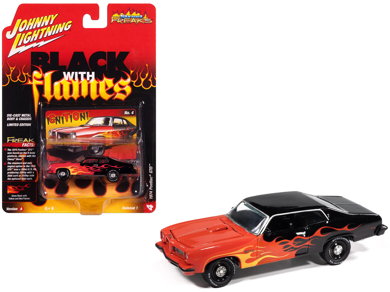 1974 Pontiac GTO Black and Red with Flame Graphics "Black with Flames" Series 1/64 Diecast Model Car by Johnny Lightning-DiecastModeler.com