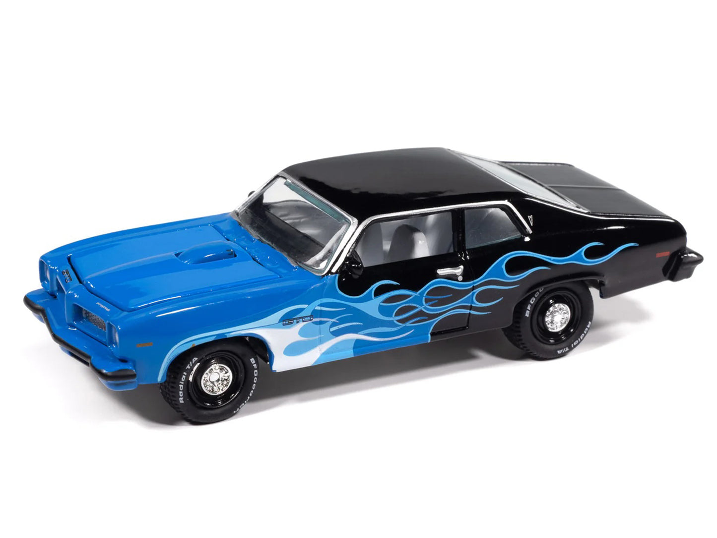 1974 Pontiac GTO Black and Blue with Blue Flame Graphics with White Interior "Black with Flames" Series 1/64 Diecast Model Car by Johnny Lightning-DiecastModeler.com