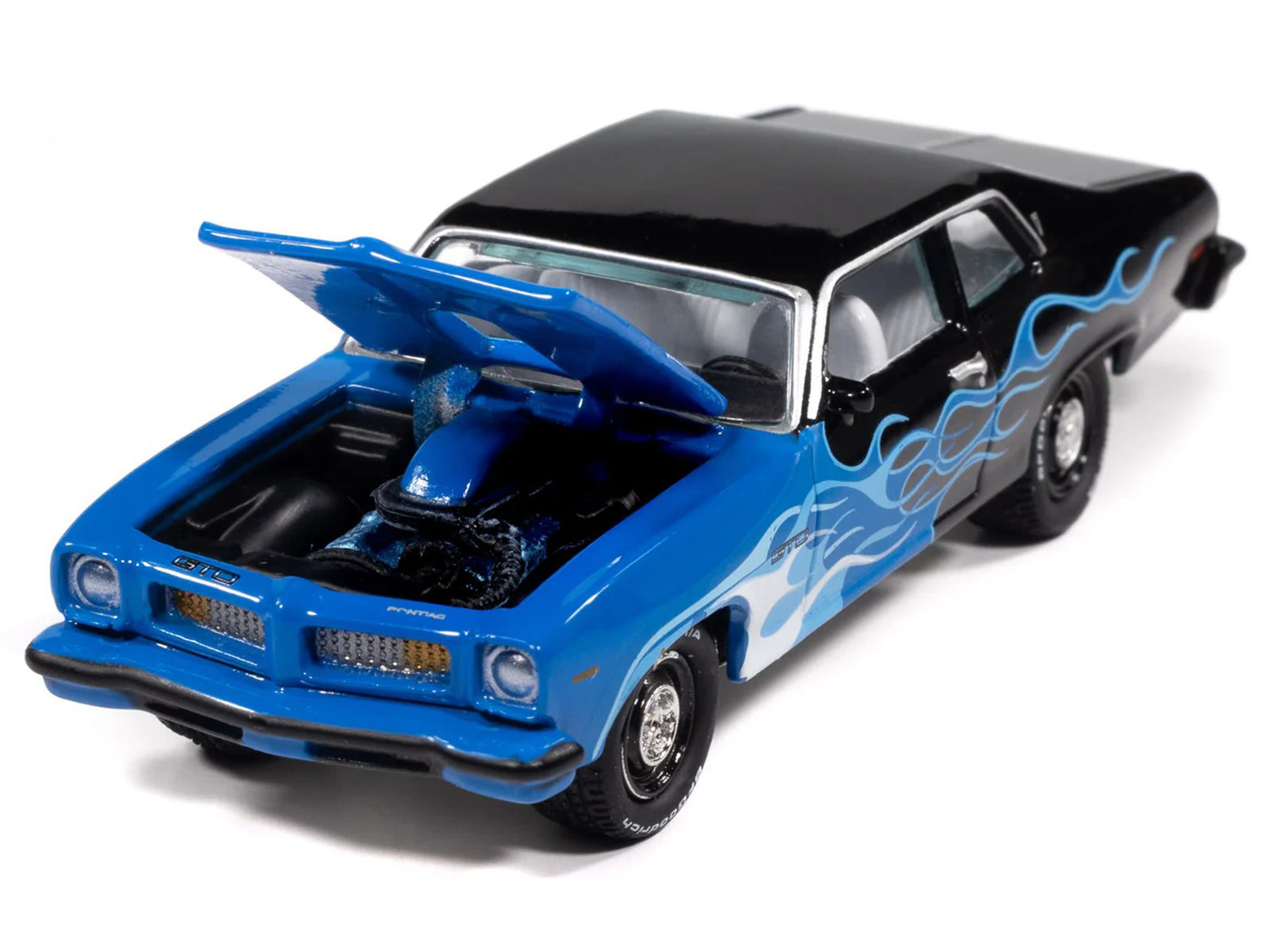 1974 Pontiac GTO Black and Blue with Blue Flame Graphics with White Interior "Black with Flames" Series 1/64 Diecast Model Car by Johnny Lightning-DiecastModeler.com