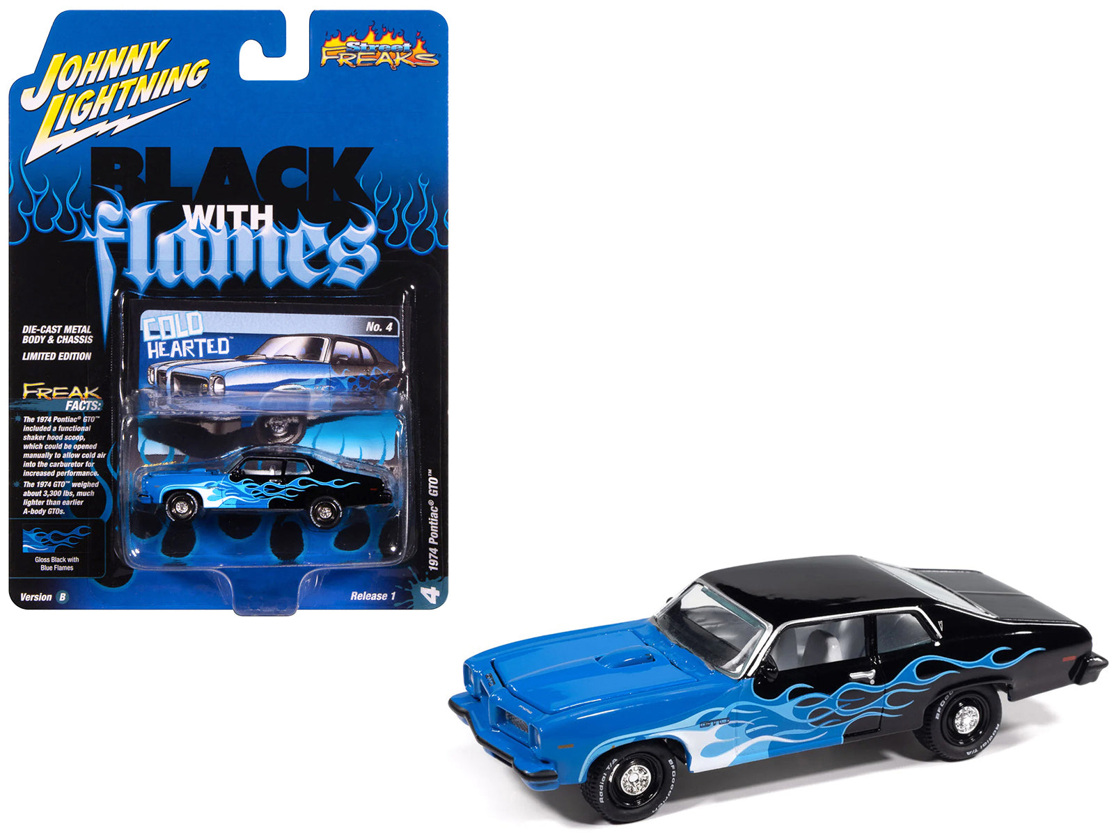 1974 Pontiac GTO Black and Blue with Blue Flame Graphics with White Interior "Black with Flames" Series 1/64 Diecast Model Car by Johnny Lightning-DiecastModeler.com