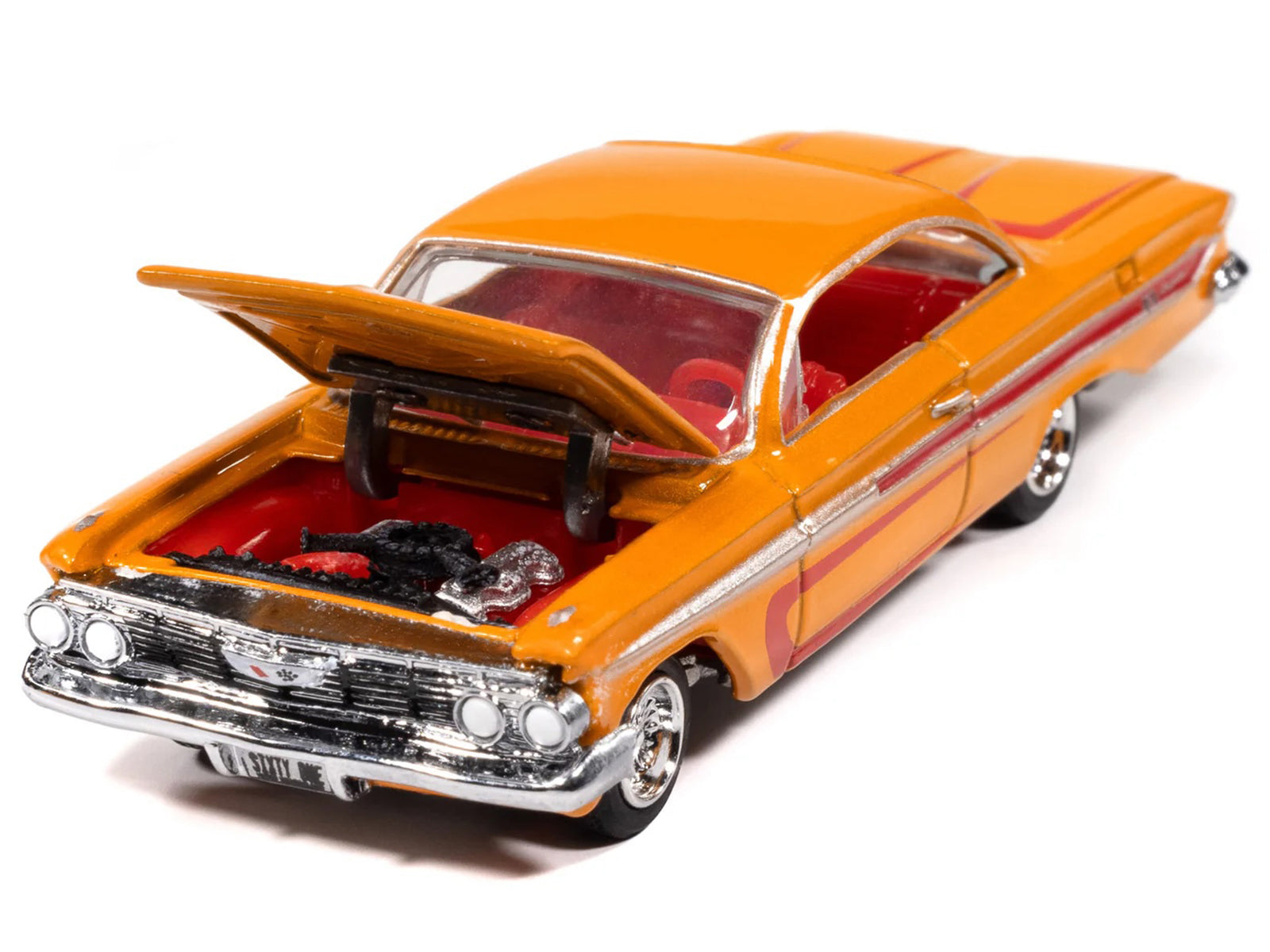 1961 Chevrolet Impala SS 409 Yellow Metallic with Red Stripes and Interior "Scrapin" Series 1/64 Diecast Model Car by Johnny Lightning-DiecastModeler.com