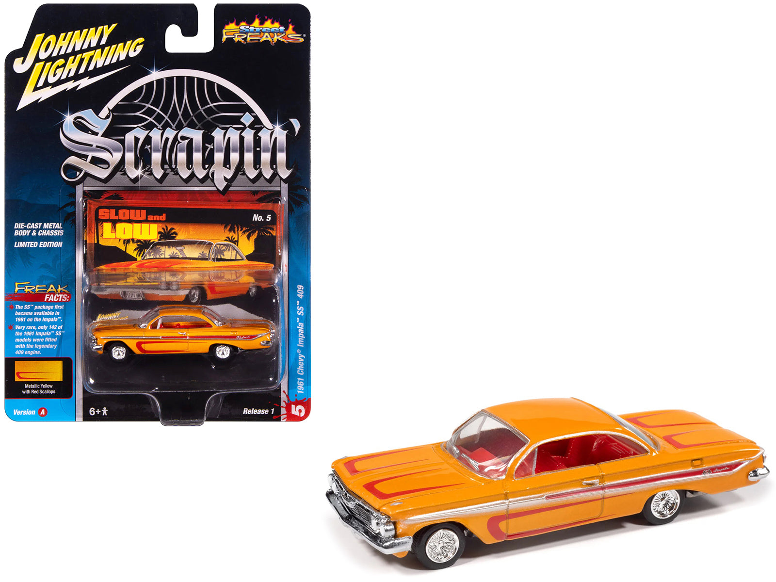 1961 Chevrolet Impala SS 409 Yellow Metallic with Red Stripes and Interior "Scrapin" Series 1/64 Diecast Model Car by Johnny Lightning-DiecastModeler.com