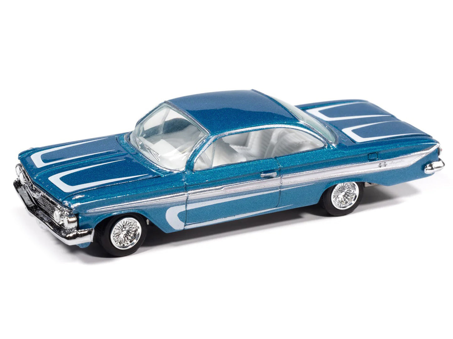 1961 Chevrolet Impala SS 409 Blue Metallic with White Stripes and Interior "Scrapin'" Series 1/64 Diecast Model Car by Johnny Lightning-DiecastModeler.com