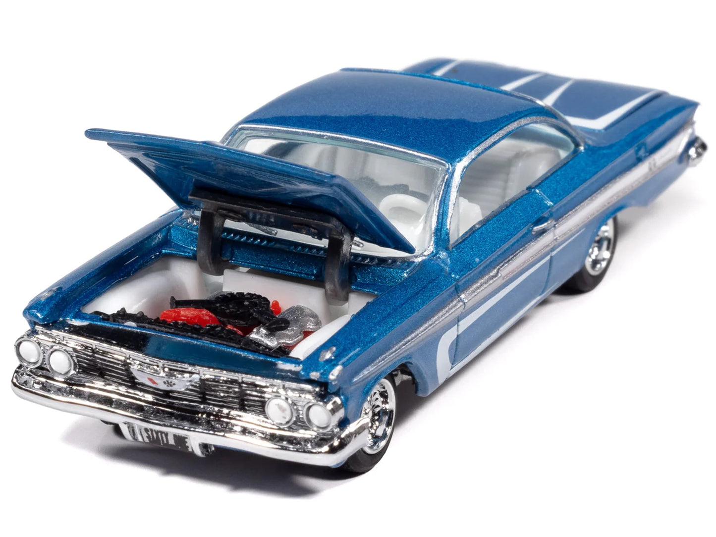 1961 Chevrolet Impala SS 409 Blue Metallic with White Stripes and Interior "Scrapin'" Series 1/64 Diecast Model Car by Johnny Lightning-DiecastModeler.com