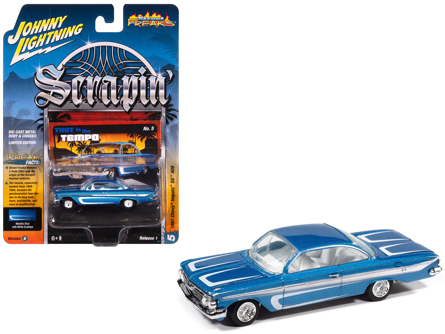 1961 Chevrolet Impala SS 409 Blue Metallic with White Stripes and Interior "Scrapin'" Series 1/64 Diecast Model Car by Johnny Lightning-DiecastModeler.com
