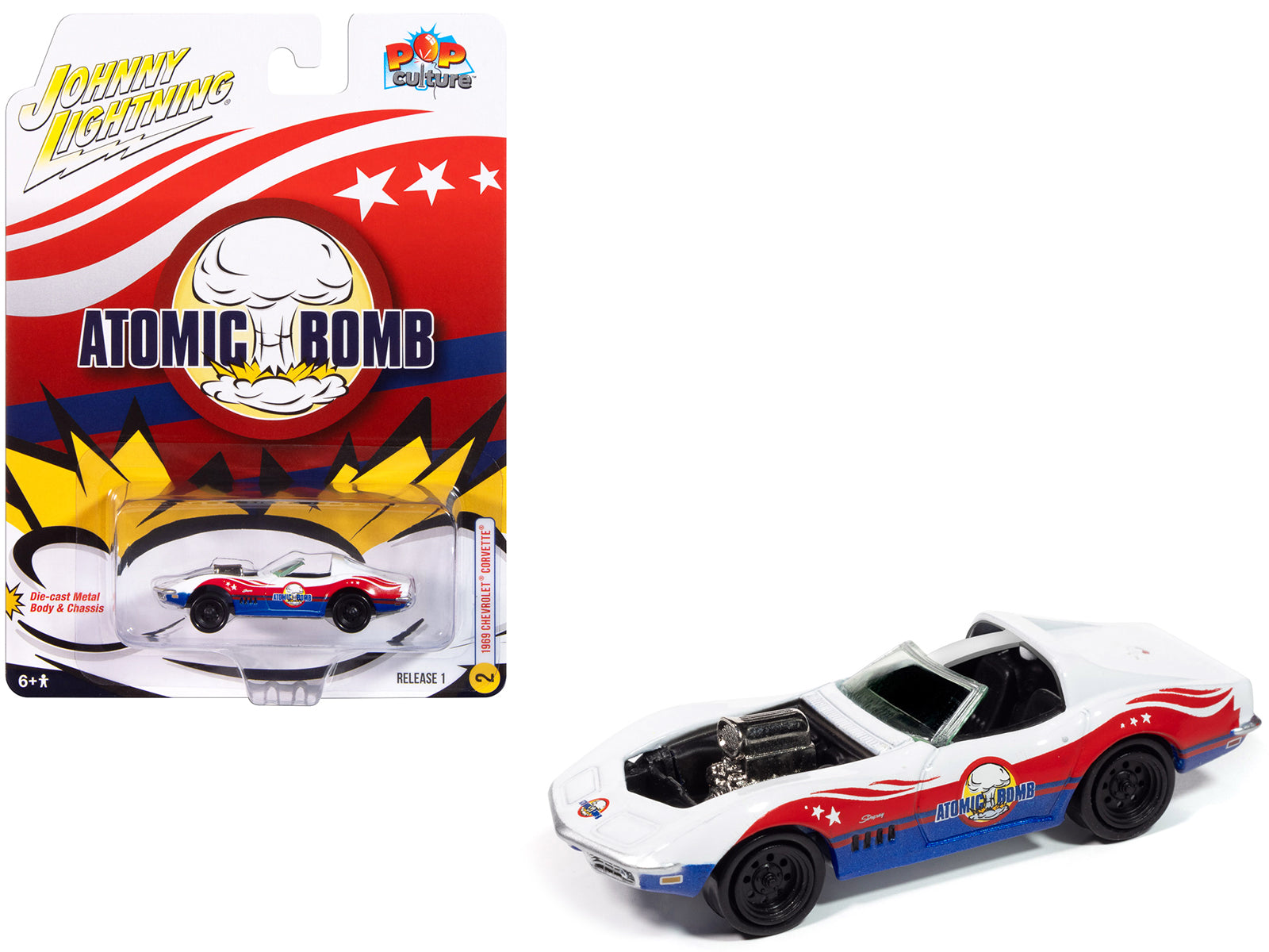 1969 Chevrolet Corvette "Atomic Bomb" White with Red and Blue Graphics "Stuntman Mike's Ride Along Racing" "Pop Culture" 2025 Release 1 1/64 Diecast Model Car by Johnny Lightning-DiecastModeler.com