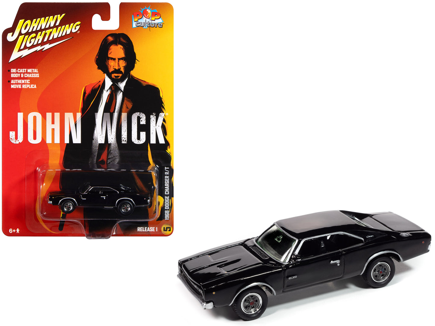 1968 Dodge Charger R/T Black "John Wick" (2014) Movie "Pop Culture" 2025 Release 1 1/64 Diecast Model Car by Johnny Lightning-DiecastModeler.com