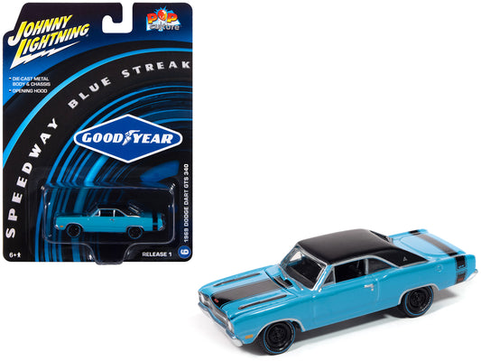 1969 Dodge Dart GTS 340 Blue with Black Top and Stripes "Goodyear Blue Streak" "Pop Culture" 2025 Release 1 1/64 Diecast Model Car by Johnny Lightning-DiecastModeler.com