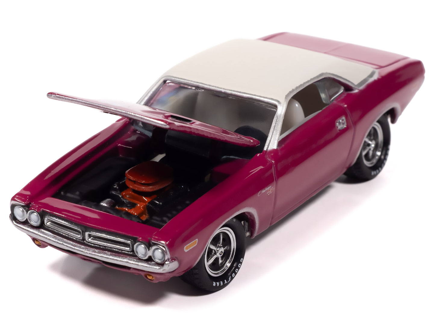 1971 Dodge Challenger R/T Panther Pink with White Top and Interior "Classic Gold Collection" 1/64 Diecast Model Car by Johnny Lightning-DiecastModeler.com