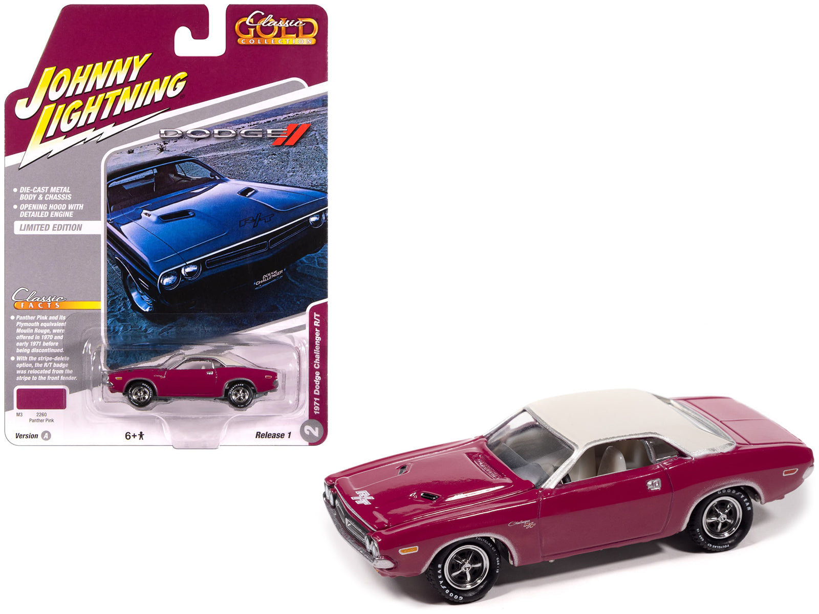 1971 Dodge Challenger R/T Panther Pink with White Top and Interior "Classic Gold Collection" 1/64 Diecast Model Car by Johnny Lightning-DiecastModeler.com