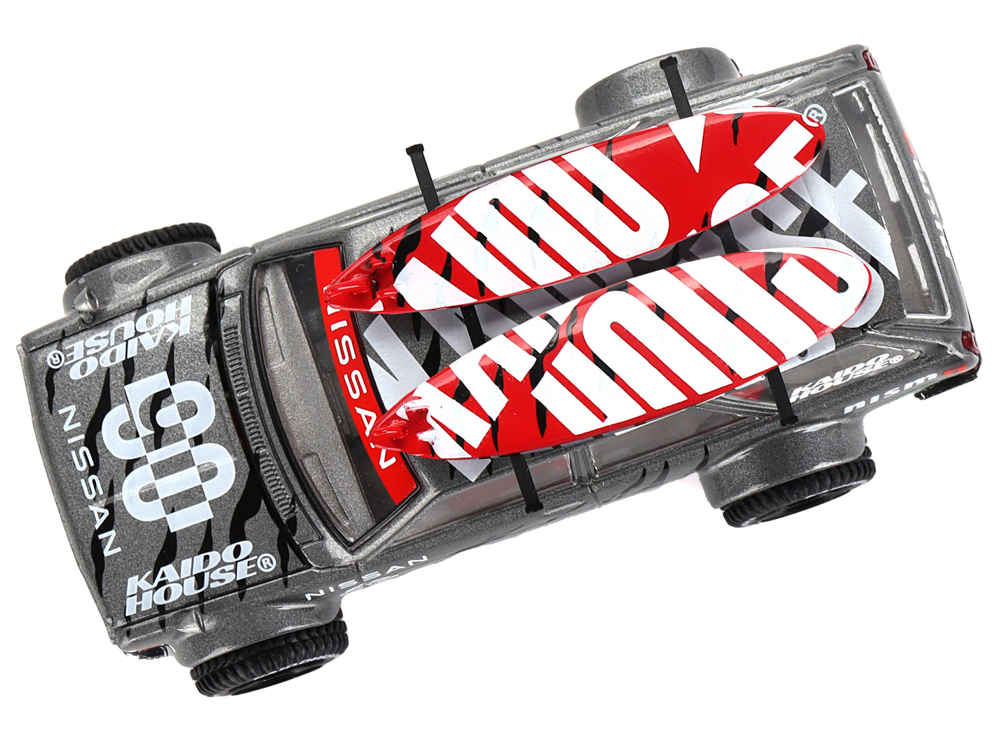 Datsun Kaido 510 Wagon 4x4 RHD (Right Hand Drive) "Kaido Offroad V1" Gray Metallic with Red Interior and Surfboards on Roof (Designed by Jun Imai) "Kaido House" Special 1/64 Diecast Model Car by Mini GT-DiecastModeler.com