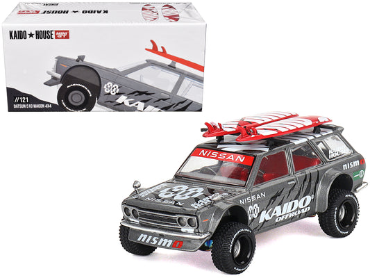 Datsun Kaido 510 Wagon 4x4 RHD (Right Hand Drive) "Kaido Offroad V1" Gray Metallic with Red Interior and Surfboards on Roof (Designed by Jun Imai) "Kaido House" Special 1/64 Diecast Model Car by Mini GT-DiecastModeler.com