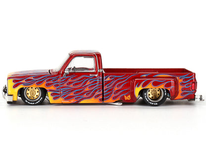 Chevrolet Silverado Dually Pickup Truck "On Fire V1" Red Metallic with Flames and Red Interior (Designed by Jun Imai) "Kaido House" Special 1/64 Diecast Model Car by Mini GT-DiecastModeler.com