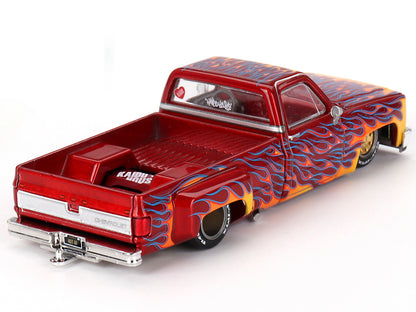 Chevrolet Silverado Dually Pickup Truck "On Fire V1" Red Metallic with Flames and Red Interior (Designed by Jun Imai) "Kaido House" Special 1/64 Diecast Model Car by Mini GT-DiecastModeler.com