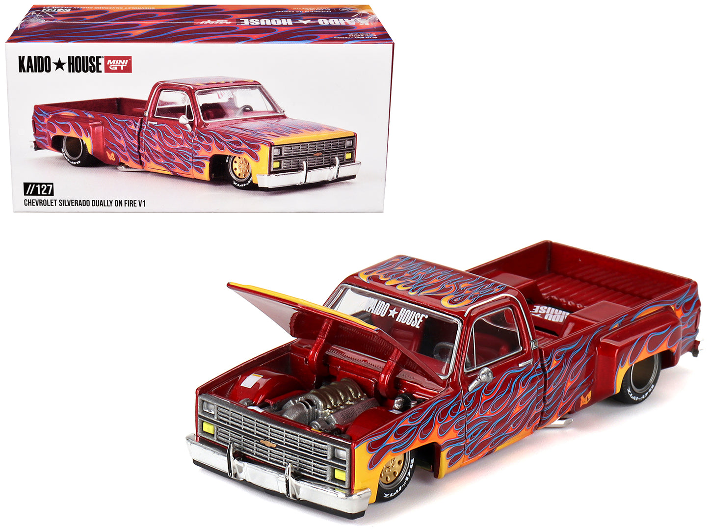 Chevrolet Silverado Dually Pickup Truck "On Fire V1" Red Metallic with Flames and Red Interior (Designed by Jun Imai) "Kaido House" Special 1/64 Diecast Model Car by Mini GT-DiecastModeler.com