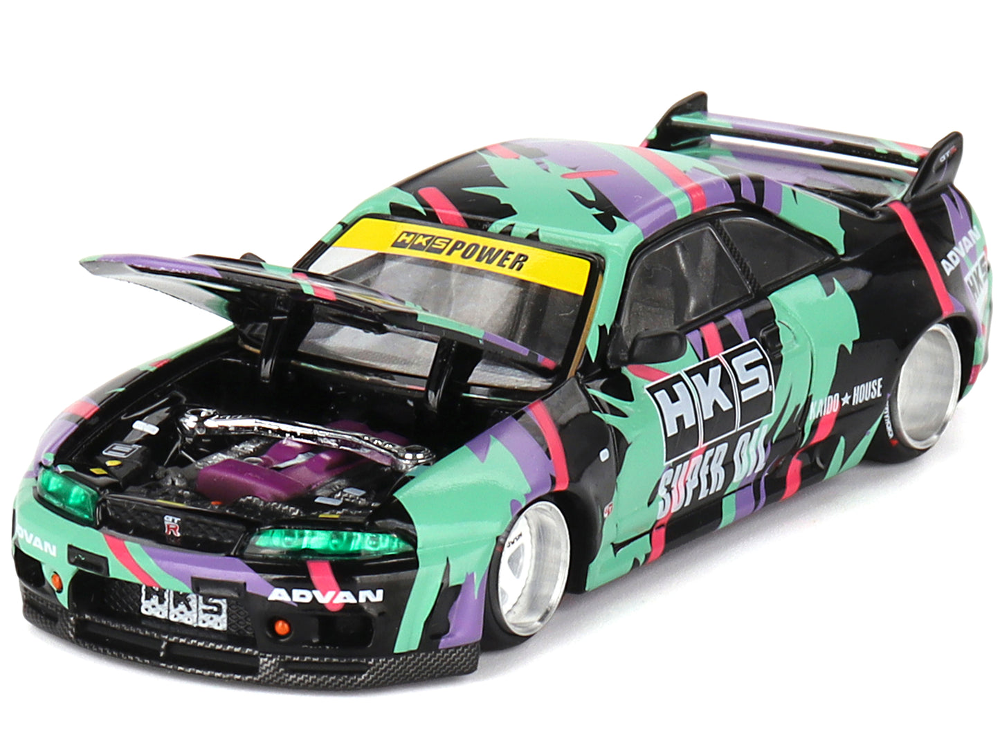 Nissan Skyline GT-R (R33) "HKS V1" RHD (Right Hand Drive) Black with Graphics (Designed by Jun Imai) "Kaido House" Special 1/64 Diecast Model Car by Mini GT-DiecastModeler.com