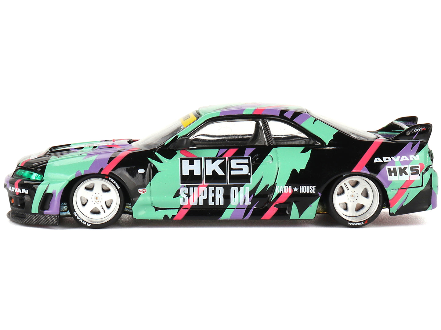 Nissan Skyline GT-R (R33) "HKS V1" RHD (Right Hand Drive) Black with Graphics (Designed by Jun Imai) "Kaido House" Special 1/64 Diecast Model Car by Mini GT-DiecastModeler.com