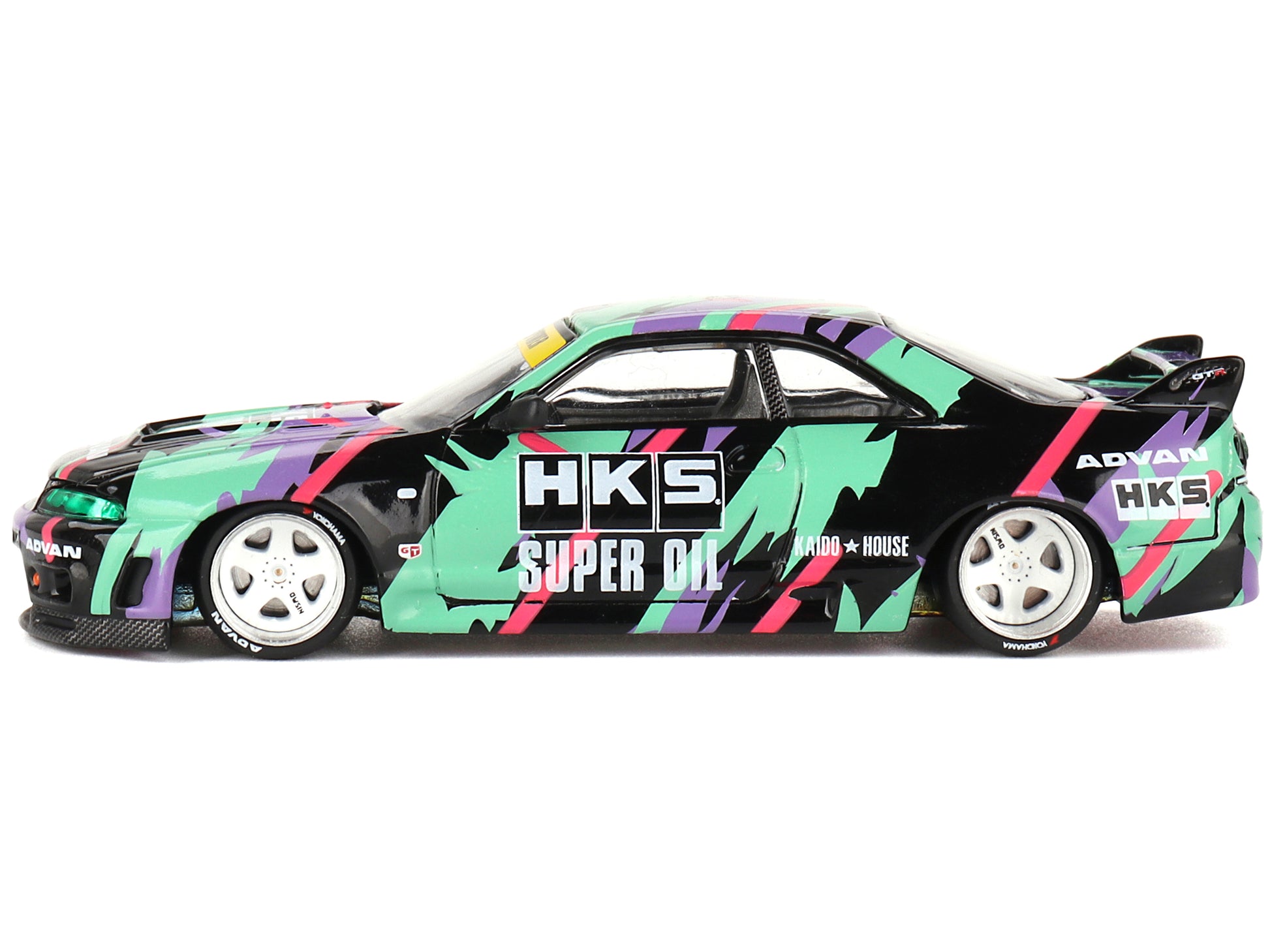 Nissan Skyline GT-R (R33) "HKS V1" RHD (Right Hand Drive) Black with Graphics (Designed by Jun Imai) "Kaido House" Special 1/64 Diecast Model Car by Mini GT-DiecastModeler.com