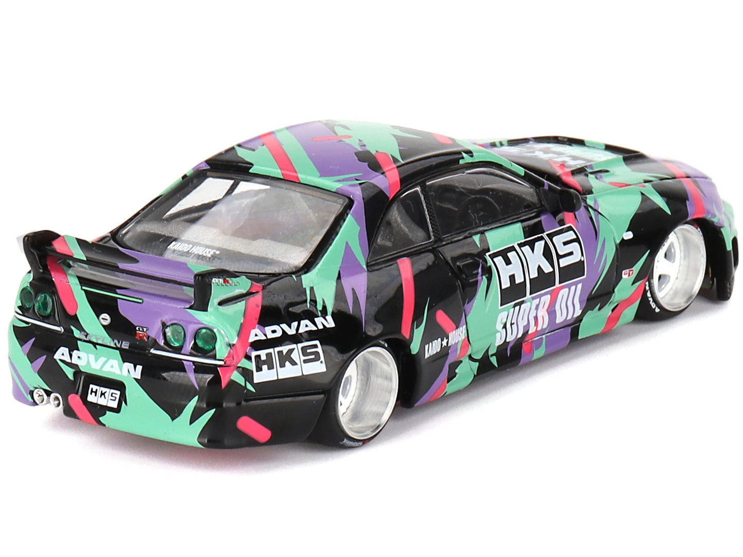 Nissan Skyline GT-R (R33) "HKS V1" RHD (Right Hand Drive) Black with Graphics (Designed by Jun Imai) "Kaido House" Special 1/64 Diecast Model Car by Mini GT-DiecastModeler.com