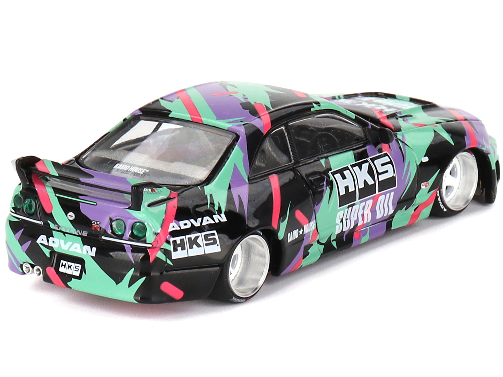 Nissan Skyline GT-R (R33) "HKS V1" RHD (Right Hand Drive) Black with Graphics (Designed by Jun Imai) "Kaido House" Special 1/64 Diecast Model Car by Mini GT-DiecastModeler.com