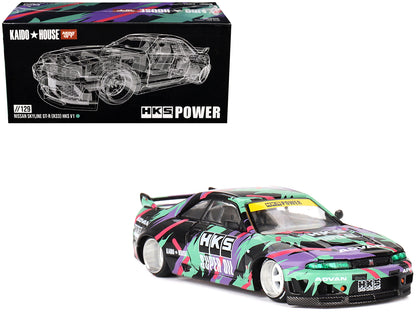 Nissan Skyline GT-R (R33) "HKS V1" RHD (Right Hand Drive) Black with Graphics (Designed by Jun Imai) "Kaido House" Special 1/64 Diecast Model Car by Mini GT-DiecastModeler.com
