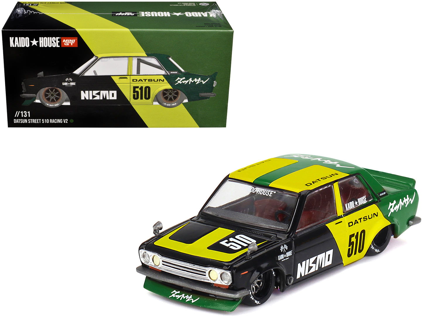 Datsun Street 510 "Racing V2" Black and Green with Yellow Accents (Designed by Jun Imai) "Kaido House" Special 1/64 Diecast Model Car by Mini GT-DiecastModeler.com