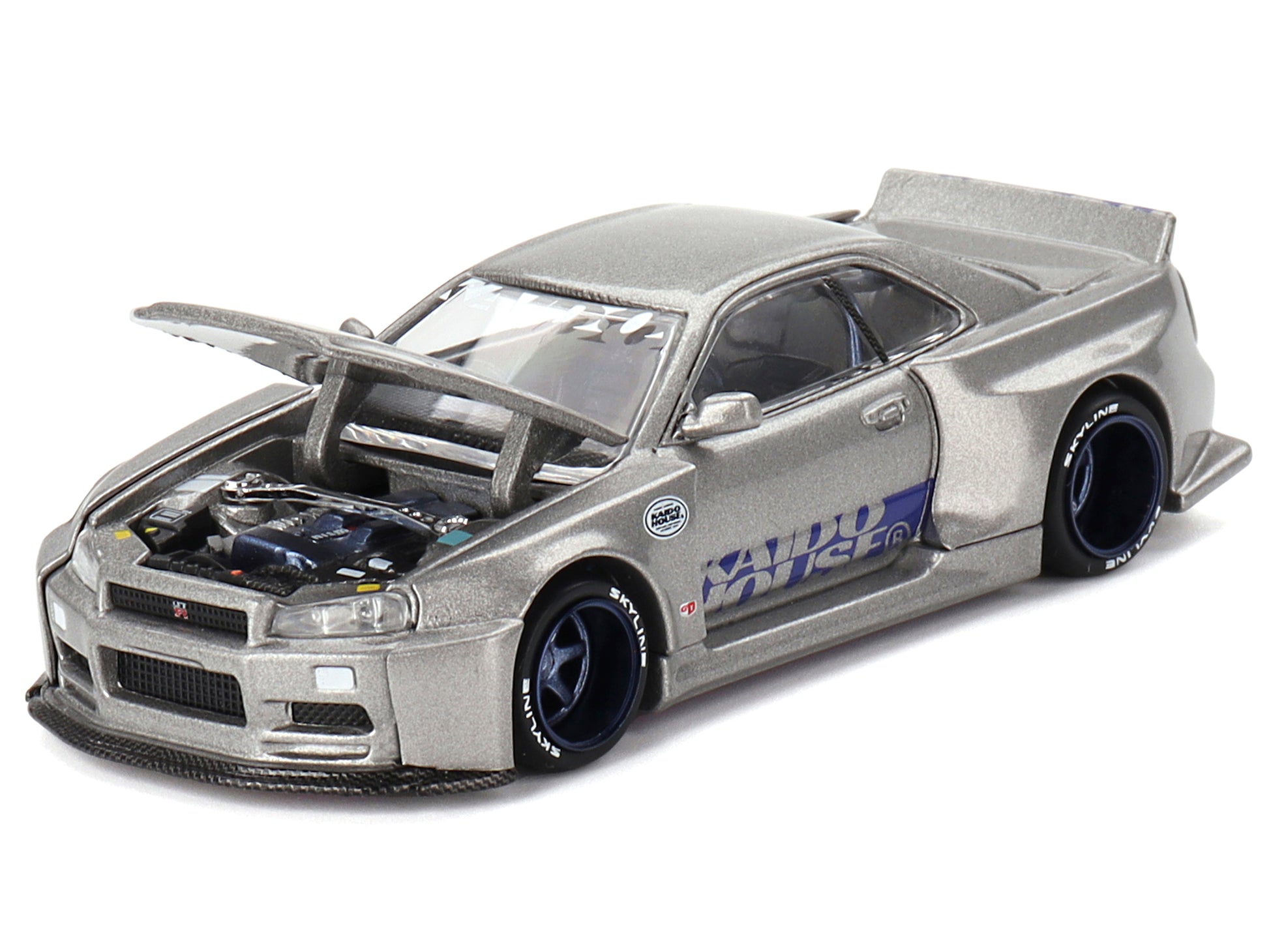 Nissan Skyline GT-R (R34) "Kaido Works Shinjuku V1" RHD (Right Hand Drive) Silver Metallic (Designed by Jun Imai) "Kaido House" Special 1/64 Diecast Model Car by Mini GT-DiecastModeler.com
