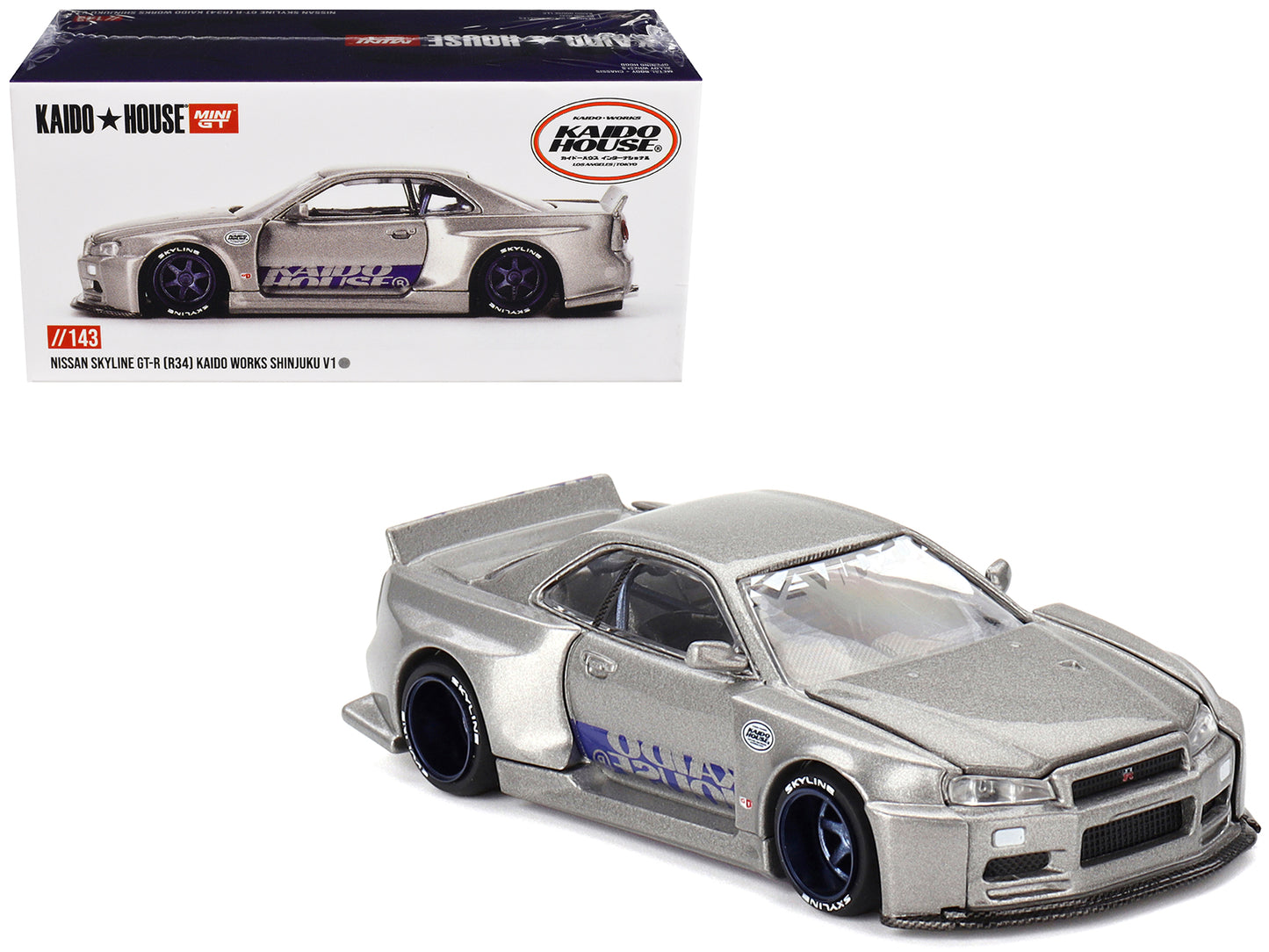 Nissan Skyline GT-R (R34) "Kaido Works Shinjuku V1" RHD (Right Hand Drive) Silver Metallic (Designed by Jun Imai) "Kaido House" Special 1/64 Diecast Model Car by Mini GT-DiecastModeler.com