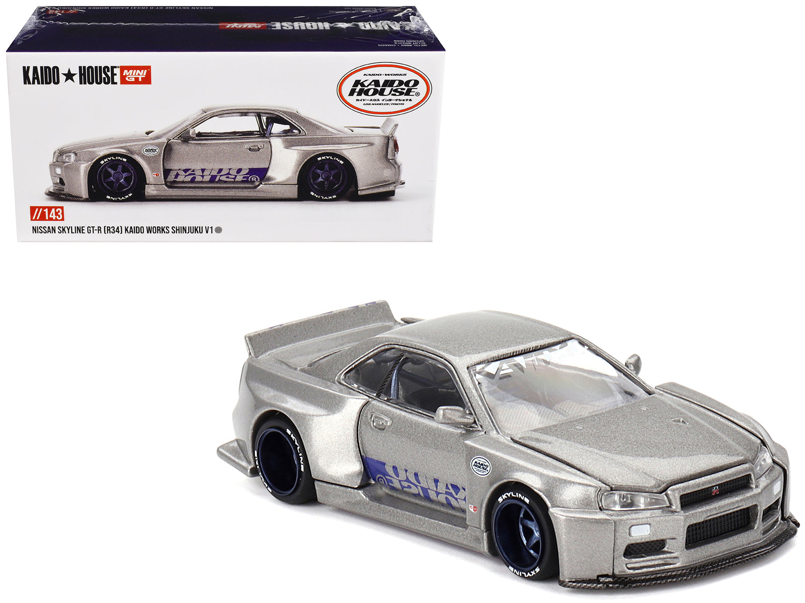 Nissan Skyline GT-R (R34) "Kaido Works Shinjuku V1" RHD (Right Hand Drive) Silver Metallic (Designed by Jun Imai) "Kaido House" Special 1/64 Diecast Model Car by Mini GT-DiecastModeler.com