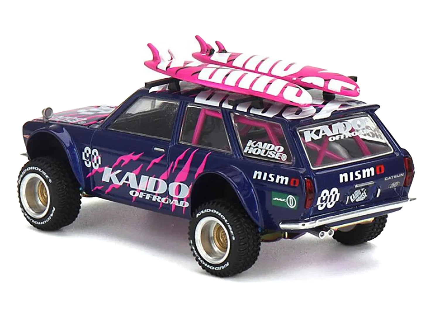 Datsun Kaido 510 Wagon 4x4 RHD (Right Hand Drive) #90 "Kaido Offroad V2" Purple with Pink Graphics and Surfboards on Roof (Designed by Jun Imai) "Kaido House" Special 1/64 Diecast Model Car by Mini GT