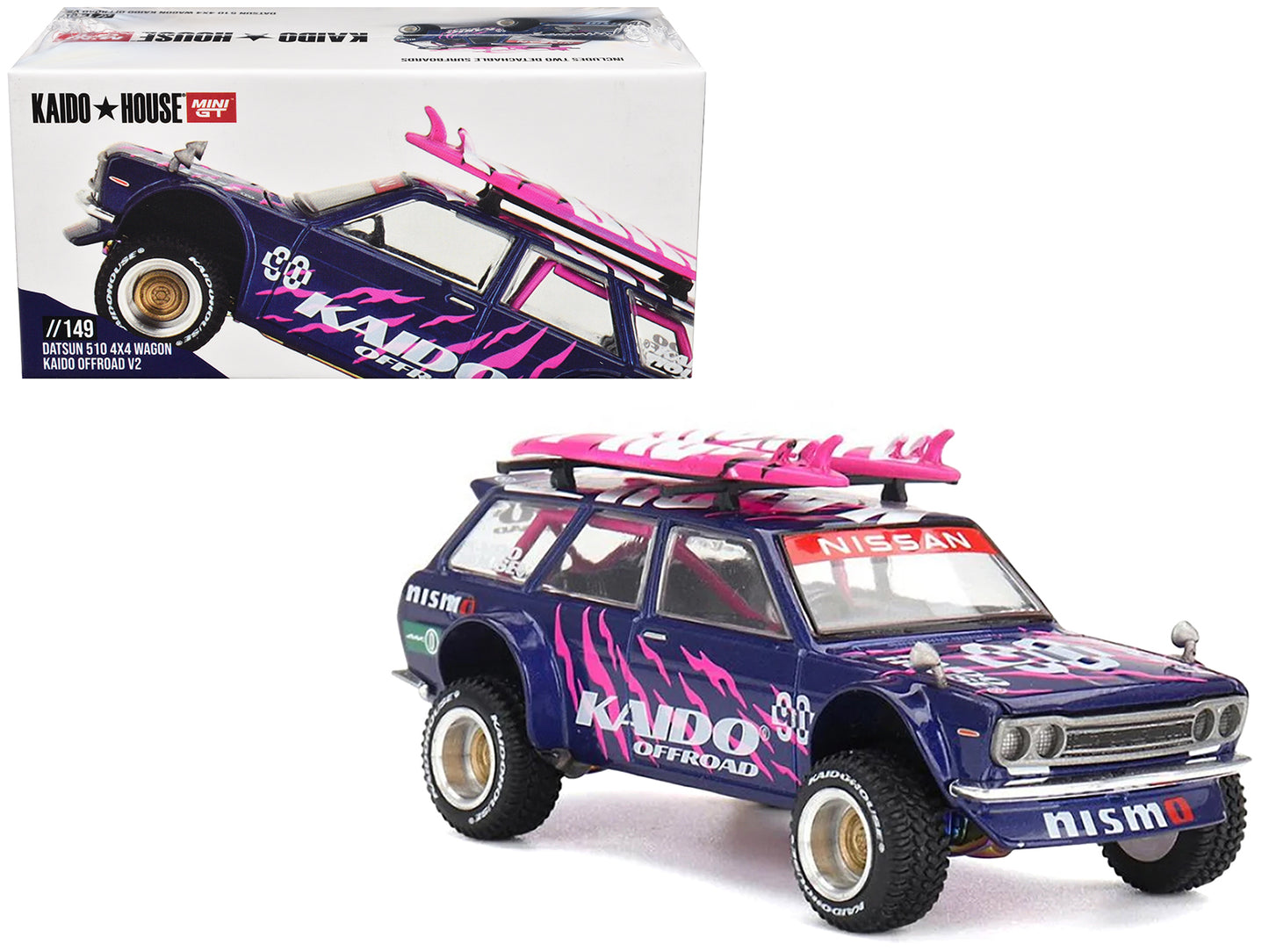Datsun Kaido 510 Wagon 4x4 RHD (Right Hand Drive) #90 "Kaido Offroad V2" Purple with Pink Graphics and Surfboards on Roof (Designed by Jun Imai) "Kaido House" Special 1/64 Diecast Model Car by Mini GT