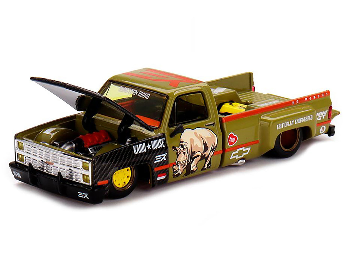 Chevrolet Silverado Dually Pickup Truck "Sumatran Rhino" Tan and Carbon with Graphics (Designed by Jun Imai) "Kaido House" Special 1/64 Diecast Model Car by Mini GT