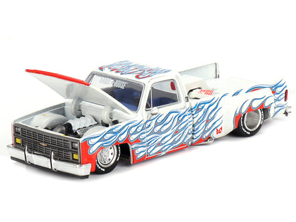 Chevrolet Silverado Dually Pickup Truck "On Fire V2" White Metallic with Blue Flames and Blue Interior (Designed by Jun Imai) "Kaido House" Special 1/64 Diecast Model Car by Mini GT