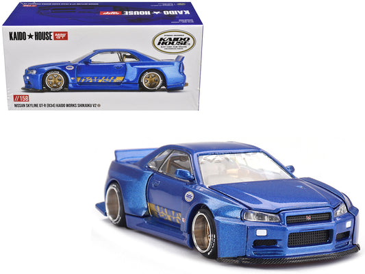 Nissan Skyline GT-R (R34) "SHINJUKU V2 Aero" RHD (Right Hand Drive) Blue Metallic (Designed by Jun Imai) "Kaido House" Special 1/64 Diecast Model Car by Mini GT-DiecastModeler.com