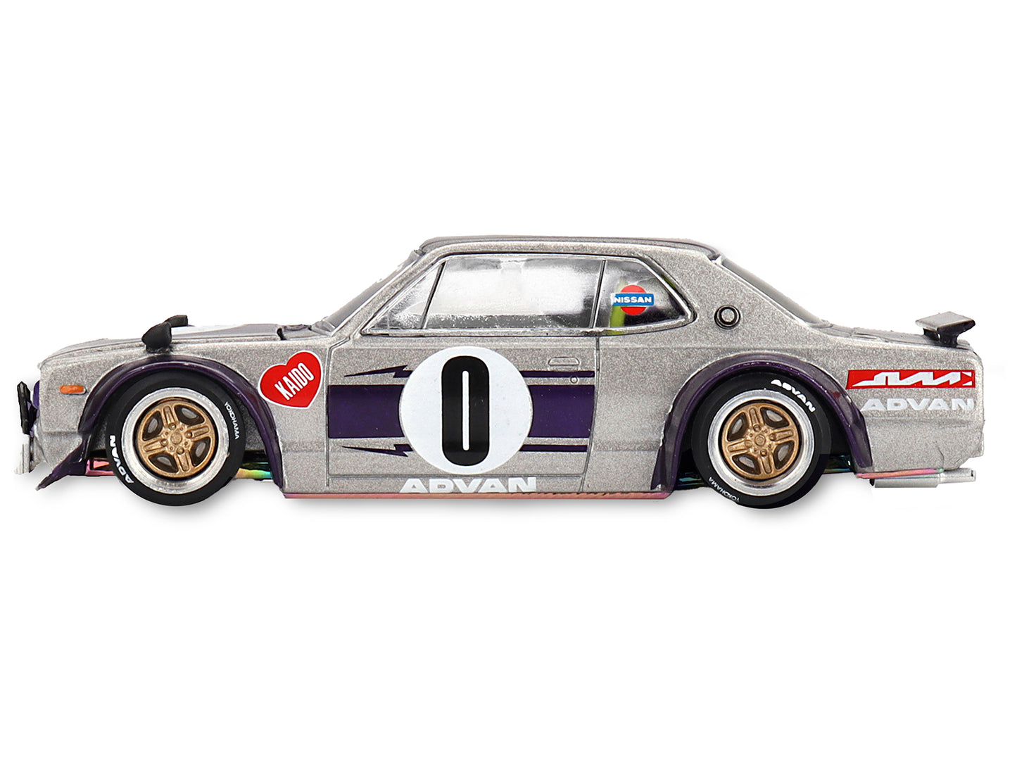Nissan Skyline 2000GT-R (KPGC10) "Kaido Works V1" RHD (Right Hand Drive) #0 Silver Metallic with Purple Stripes (Designed by Jun Imai) "Kaido House" Special 1/64 Diecast Model Car by Mini GT