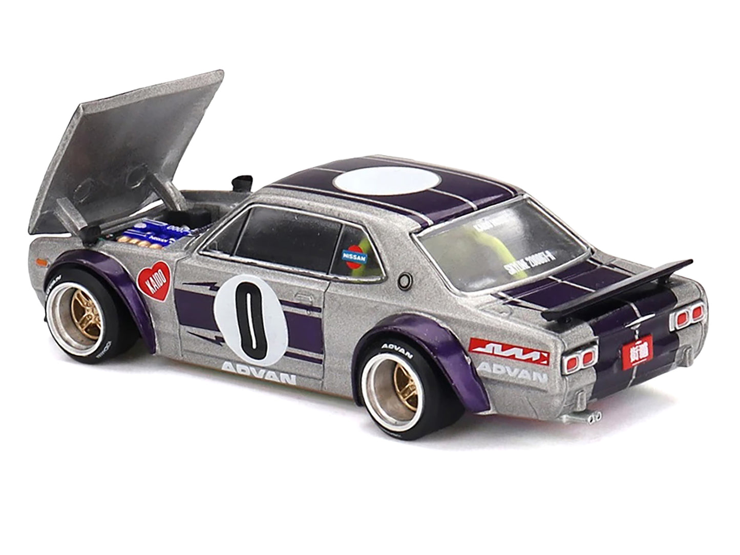 Nissan Skyline 2000GT-R (KPGC10) "Kaido Works V1" RHD (Right Hand Drive) #0 Silver Metallic with Purple Stripes (Designed by Jun Imai) "Kaido House" Special 1/64 Diecast Model Car by Mini GT