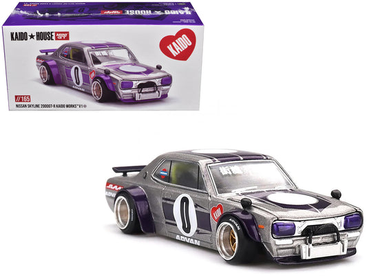 Nissan Skyline 2000GT-R (KPGC10) "Kaido Works V1" RHD (Right Hand Drive) #0 Silver Metallic with Purple Stripes (Designed by Jun Imai) "Kaido House" Special 1/64 Diecast Model Car by Mini GT-DiecastModeler.com