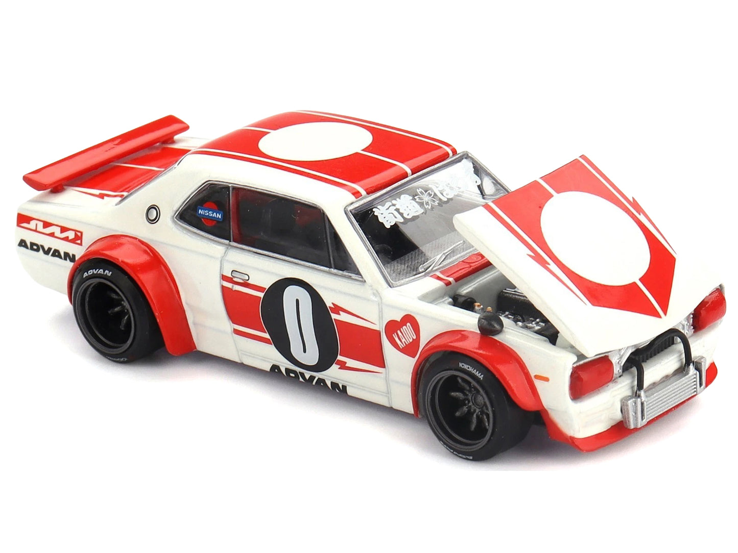 Nissan Skyline 2000GT-R (KPGC10) "Kaido Works V2" RHD (Right Hand Drive) White with Red Stripes (Designed by Jun Imai) "Kaido House" Special 1/64 Diecast Model Car by Mini GT-DiecastModeler.com