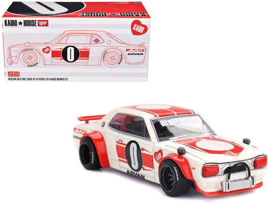 Nissan Skyline 2000GT-R (KPGC10) "Kaido Works V2" RHD (Right Hand Drive) White with Red Stripes (Designed by Jun Imai) "Kaido House" Special 1/64 Diecast Model Car by Mini GT