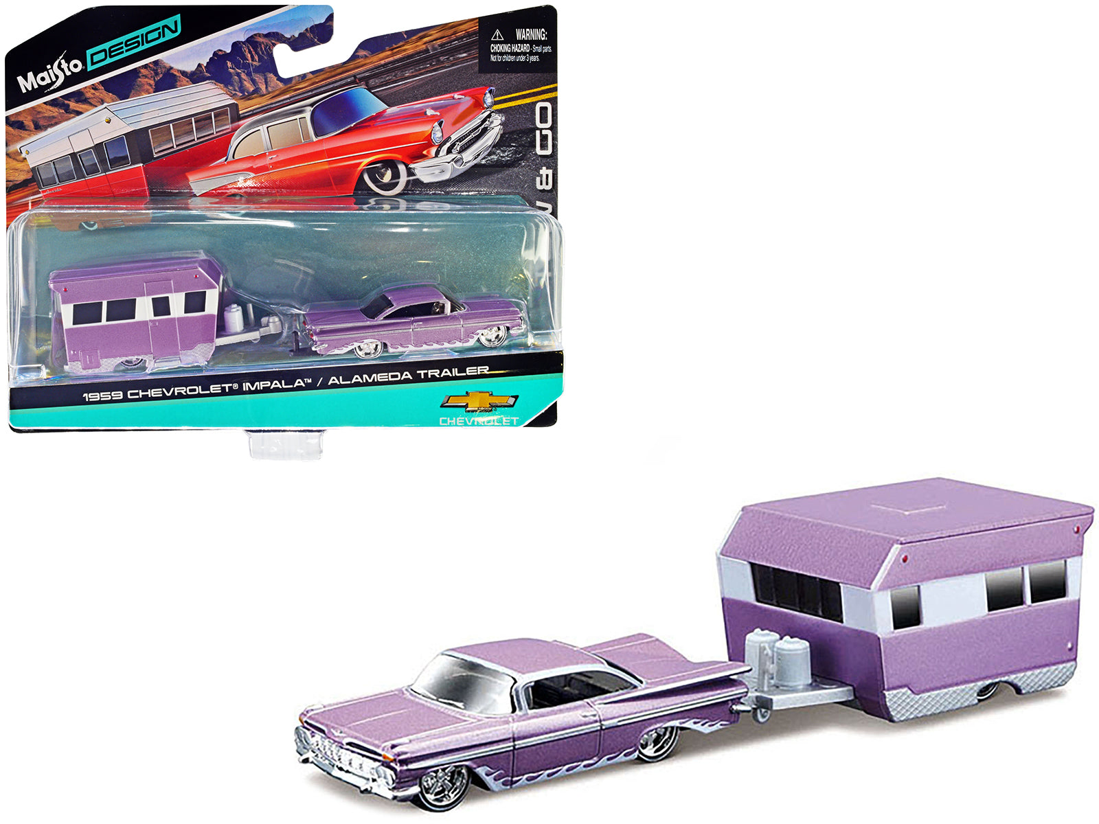 1959 Chevrolet Impala Purple Metallic with White Graphics and Alameda Trailer Purple Metallic and White "Tow & Go" Series 1/64 Diecast Model Car by Maisto-DiecastModeler.com