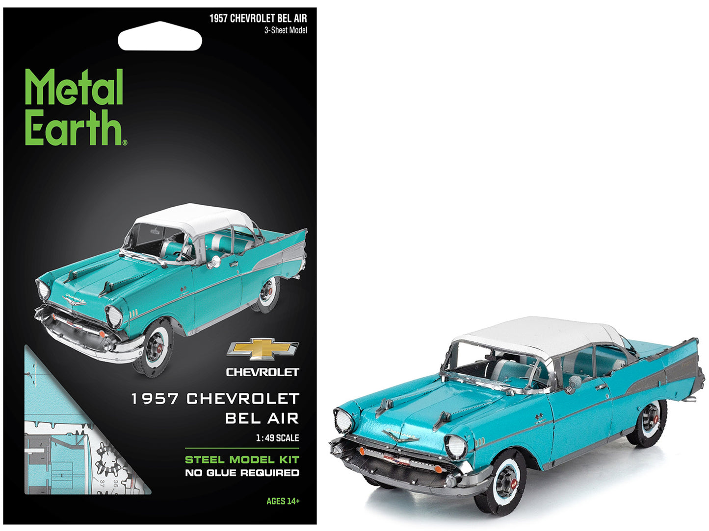 Model Kit 1957 Chevrolet Bel Air Turquoise with White Top (Challenging Difficulty) Steel Model by Metal Earth